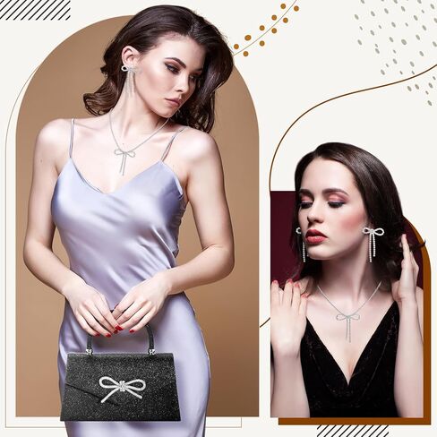 4 Pcs Women Rhinestone Evening Clutch Bag and Silver Jewelry Accessories Set Bling Earring Necklace Purse Chain Wedding Prom in Saudi Arabia