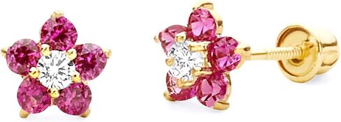 14k Yellow Gold Flower Stud Earrings with Screw Back - 3 Different Color Available in Saudi Arabia