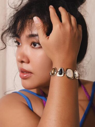 سوار من حجر الفيروز من ميناتشي، سوار من الفولاذ المقاوم للصدأ على شكل زهور، هدية بوهو للنساء in Kuwait