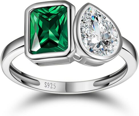 6x8mm 3.5ct Toi et Moi Ring 925 sterling Silver Emerald Learging for Women Women Stone Emerald Shape & Pear Cut Zirconia Weddth Ring Band 1.9mm - Size 5-9 in Kuwait