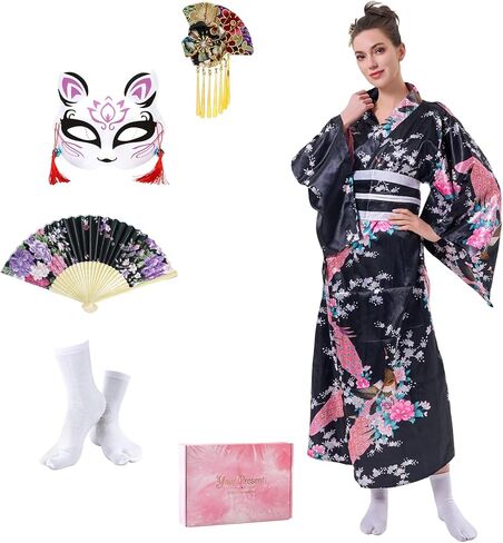 Japanese Kimono Geisha Costume Asian Dress Cosplay Anime Peacock Costume Yukata Cardigan Robe for Women 5pcs in Kuwait