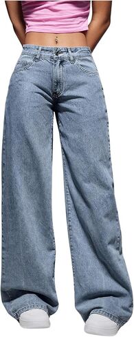 Oyoangle Women's Szipper Fly Wide Leg Jeans Y2K Baggy Denim Denim مع جيوب in Kuwait