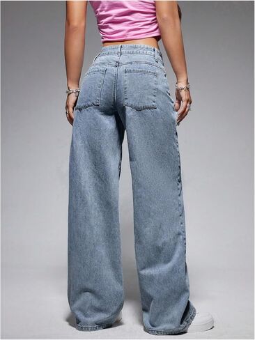 Oyoangle Women's Szipper Fly Wide Leg Jeans Y2K Baggy Denim Denim مع جيوب in Kuwait