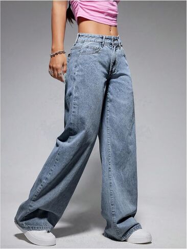 Oyoangle Women's Szipper Fly Wide Leg Jeans Y2K Baggy Denim Denim مع جيوب in Kuwait