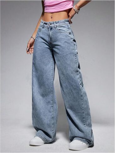 Oyoangle Women's Szipper Fly Wide Leg Jeans Y2K Baggy Denim Denim مع جيوب in Kuwait