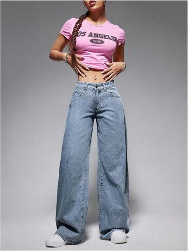 Oyoangle Women's Szipper Fly Wide Leg Jeans Y2K Baggy Denim Denim مع جيوب in Kuwait