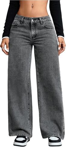 Oyoangle Women's Szipper Fly Wide Leg Jeans Y2K Baggy Denim Denim مع جيوب in Saudi Arabia