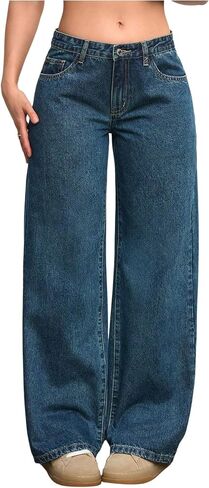 Oyoangle Women's Szipper Fly Wide Leg Jeans Y2K Baggy Denim Denim مع جيوب in Kuwait