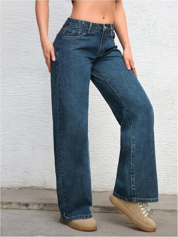 Oyoangle Women's Szipper Fly Wide Leg Jeans Y2K Baggy Denim Denim مع جيوب in Kuwait