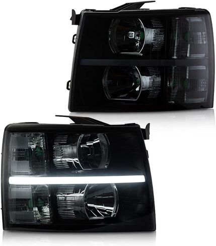 LED DRL الأمامي المصابيح الأمامية مصابيح أمامية متوافقة مع Chevy Silverado 1500 2007-2013/2500 3500 & HD Models 2007-2014 ((LED Type Smoky Lens Black Housing Reflector) 22853027 ، 22853028 ، Pair. in Kuwait
