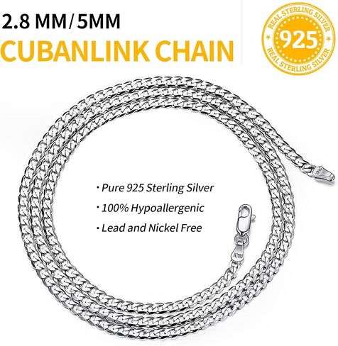 ChicSilver 2.8mm/5mm Solid 925 Sterling Silver Cuban Link/Figaro Chain Necklace for Women Men, 14, 18, 20, 22, 24, 26, 28 Inch(with Gift Box) in Saudi Arabia