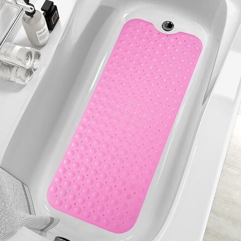 ZHICHENG Bath Tub and Shower Mats, Non-Slip 39 x 16 Inch Extra Long Bath Mat, Machine Washable Bathtub Mat with Drain Holes, Suction Cups for Bathroom (Pink) in Saudi Arabia