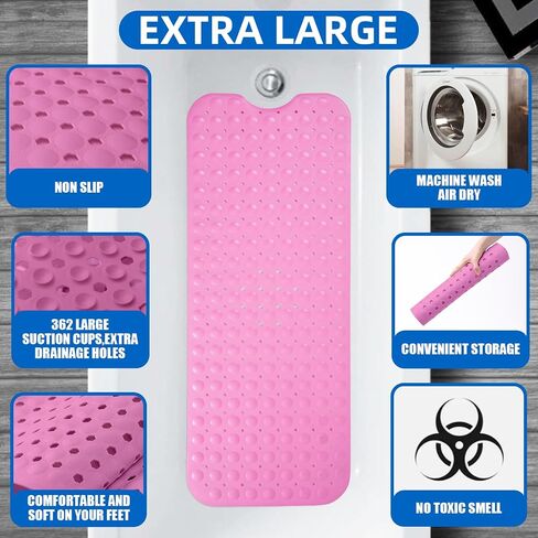 ZHICHENG Bath Tub and Shower Mats, Non-Slip 39 x 16 Inch Extra Long Bath Mat, Machine Washable Bathtub Mat with Drain Holes, Suction Cups for Bathroom (Pink) in Saudi Arabia