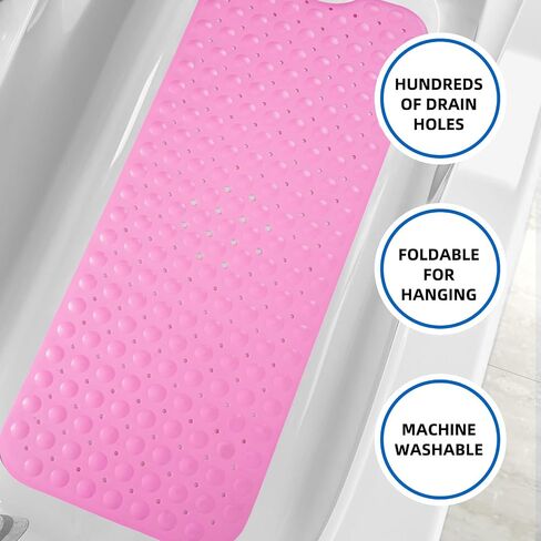 ZHICHENG Bath Tub and Shower Mats, Non-Slip 39 x 16 Inch Extra Long Bath Mat, Machine Washable Bathtub Mat with Drain Holes, Suction Cups for Bathroom (Pink) in Saudi Arabia
