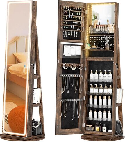 LED Mirror Jewelry Cabinet Standing, Jewelry Armoire with Full-Length Mirror and Adjustable LED Lights, 360° Swivel Jewelry Organizer Storage, White in Saudi Arabia