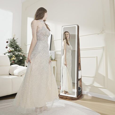 LED Mirror Jewelry Cabinet Standing, Jewelry Armoire with Full-Length Mirror and Adjustable LED Lights, 360° Swivel Jewelry Organizer Storage, White in Saudi Arabia