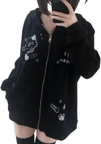 Pokn Kawaii Zip Up Hoodie Women Cute Shoujo Clothes Cutecore Cartoon Print Zipper Hooded Coat Loose Sweatshirt in Kuwait