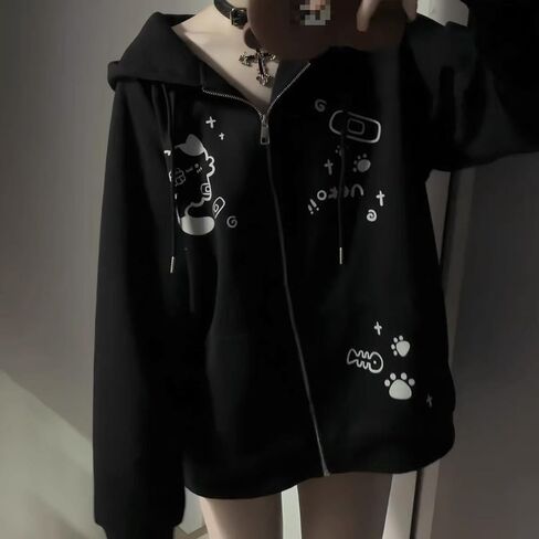 Pokn Kawaii Zip Up Hoodie Women Cute Shoujo Clothes Cutecore Cartoon Print Zipper Hooded Coat Loose Sweatshirt in Kuwait