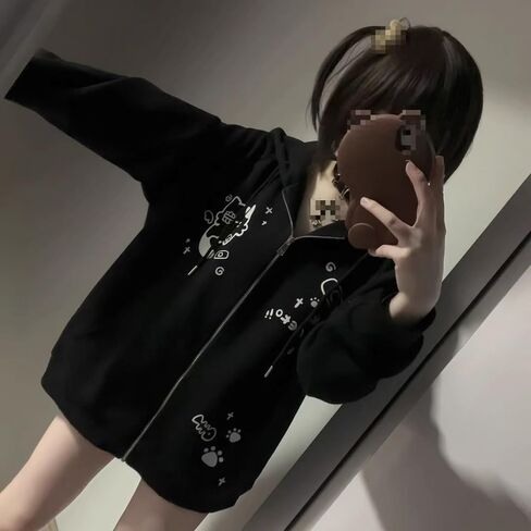Pokn Kawaii Zip Up Hoodie Women Cute Shoujo Clothes Cutecore Cartoon Print Zipper Hooded Coat Loose Sweatshirt in Kuwait