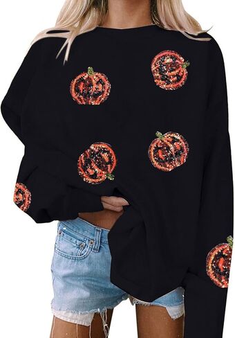 Vilove Halloween Pumpkin Sweatshirt Women: Pumpkin Face Long Sleeve Tops Fall Hoodie Party Pullover in Saudi Arabia