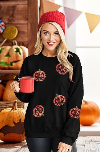 Vilove Halloween Pumpkin Sweatshirt Women: Pumpkin Face Long Sleeve Tops Fall Hoodie Party Pullover in Saudi Arabia