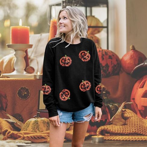 Vilove Halloween Pumpkin Sweatshirt Women: Pumpkin Face Long Sleeve Tops Fall Hoodie Party Pullover in Saudi Arabia