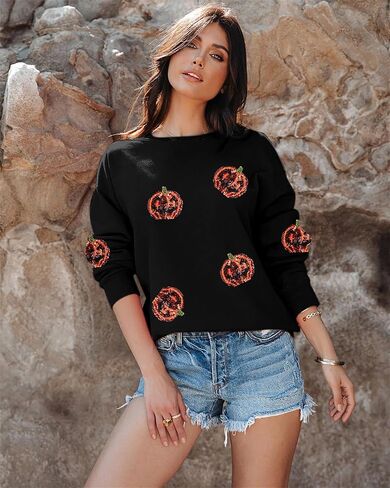 Vilove Halloween Pumpkin Sweatshirt Women: Pumpkin Face Long Sleeve Tops Fall Hoodie Party Pullover in Saudi Arabia