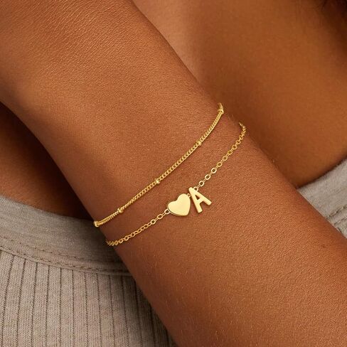 Gold Initial Bracelets for Women Girls - 18K Gold Plated Heart Initial Bracelet Teen Girl Gifts Trendy Stuff Dainty Gold Bracelets for Women Girls Trendy Jewelry Gifts in Saudi Arabia