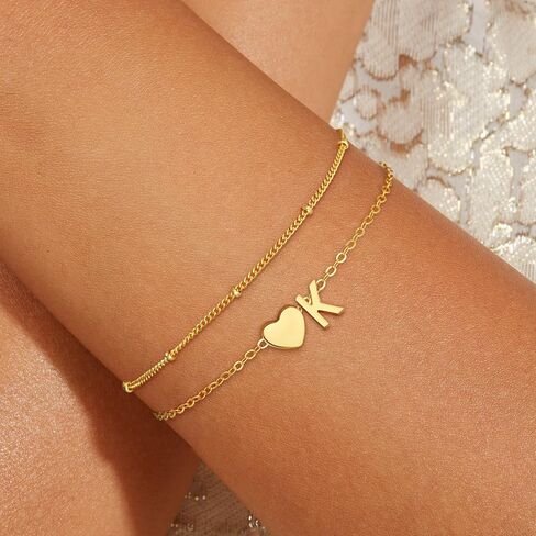 Gold Initial Bracelets for Women Girls - 18K Gold Plated Heart Initial Bracelet Teen Girl Gifts Trendy Stuff Dainty Gold Bracelets for Women Girls Trendy Jewelry Gifts in Saudi Arabia
