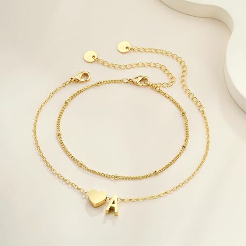 Gold Initial Bracelets for Women Girls - 18K Gold Plated Heart Initial Bracelet Teen Girl Gifts Trendy Stuff Dainty Gold Bracelets for Women Girls Trendy Jewelry Gifts in Saudi Arabia