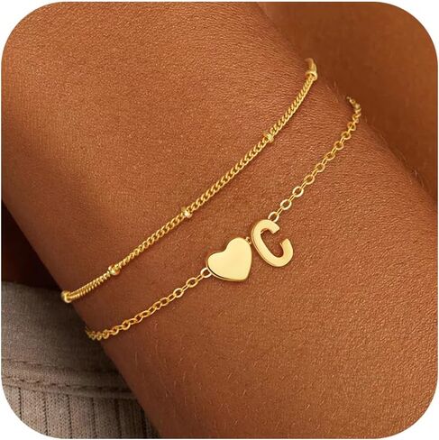 Gold Initial Bracelets for Women Girls - 18K Gold Plated Heart Initial Bracelet Teen Girl Gifts Trendy Stuff Dainty Gold Bracelets for Women Girls Trendy Jewelry Gifts in Saudi Arabia