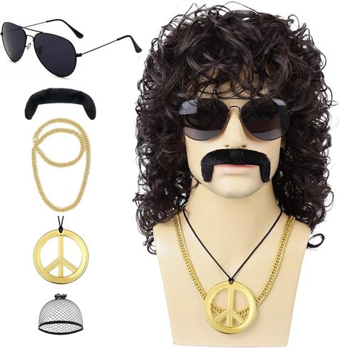 Mens Curly Wig + Glasses + Gold Chain + Peace Sign Necklace +Mustache + Wig Cap Long Curly Brown Wigs for 70s Disco Party Cosplay Costume Halloween Use（6pcs Set） in Kuwait