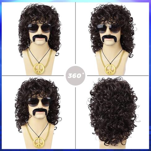 Mens Curly Wig + Glasses + Gold Chain + Peace Sign Necklace +Mustache + Wig Cap Long Curly Brown Wigs for 70s Disco Party Cosplay Costume Halloween Use（6pcs Set） in Kuwait