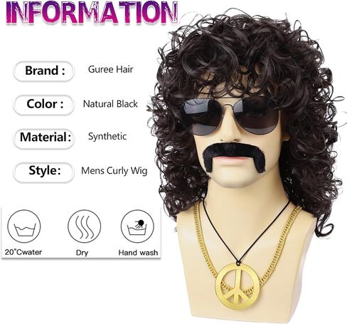 Mens Curly Wig + Glasses + Gold Chain + Peace Sign Necklace +Mustache + Wig Cap Long Curly Brown Wigs for 70s Disco Party Cosplay Costume Halloween Use（6pcs Set） in Kuwait