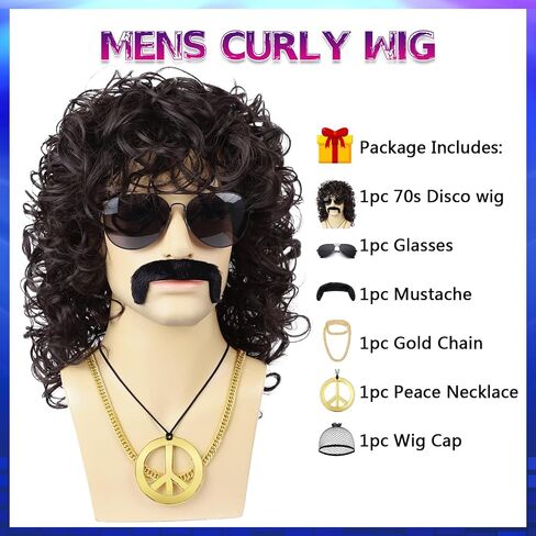 Mens Curly Wig + Glasses + Gold Chain + Peace Sign Necklace +Mustache + Wig Cap Long Curly Brown Wigs for 70s Disco Party Cosplay Costume Halloween Use（6pcs Set） in Kuwait