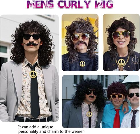 Mens Curly Wig + Glasses + Gold Chain + Peace Sign Necklace +Mustache + Wig Cap Long Curly Brown Wigs for 70s Disco Party Cosplay Costume Halloween Use（6pcs Set） in Kuwait