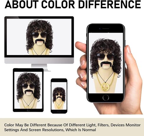 Mens Curly Wig + Glasses + Gold Chain + Peace Sign Necklace +Mustache + Wig Cap Long Curly Brown Wigs for 70s Disco Party Cosplay Costume Halloween Use（6pcs Set） in Kuwait