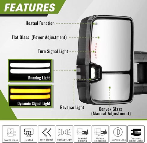 مرايا السحب المتعرجة لعام 2003-2007 تشيفي سيلفرادو مرايا السحب جي إم سي سييرا المرايا الجانبية مع إشارة الانعطاف الديناميكية وتشغيل الضوء الاحتياطي مصباح الطاقة مجموعة زوج قابلة للتمديد (طلاء أسود) in Kuwait