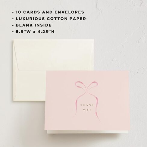 Minted Thank You Cards 10 - حزمة ، شكرًا لك على الأظرف ، البطاقة الفارغة ، القوس الوردي والتصميم المخطط ، دش الطفل ، أمي جديدة ، معمودية وتعميد ، ورقة فاخرة ، صممها فنانون مستقلون in Kuwait