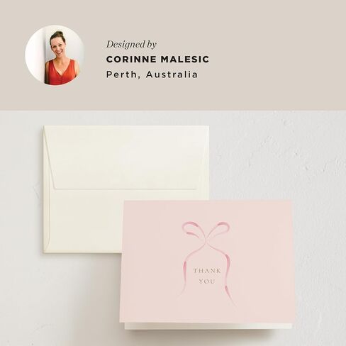 Minted Thank You Cards 10 - حزمة ، شكرًا لك على الأظرف ، البطاقة الفارغة ، القوس الوردي والتصميم المخطط ، دش الطفل ، أمي جديدة ، معمودية وتعميد ، ورقة فاخرة ، صممها فنانون مستقلون in Kuwait