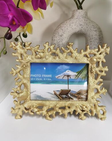Elegant White 4x6 Photo Frame - Elegant Resin Design with Coral Shell Detail, Versatile Tabletop or Wall Mount, Perfect for Wedding Gifts & Home Decor in Saudi Arabia