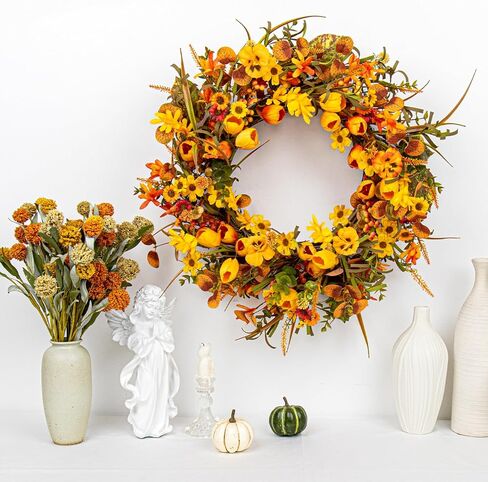 22 Inches Fall Wreaths for Front Door Rustic Autumn Wreath Farmhouse Fall Floral Wreaths with Tulips Orange Wildflowers for Wall Window Porch Indoor Outside in Kuwait