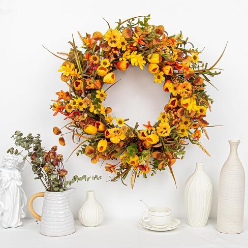 22 Inches Fall Wreaths for Front Door Rustic Autumn Wreath Farmhouse Fall Floral Wreaths with Tulips Orange Wildflowers for Wall Window Porch Indoor Outside in Kuwait