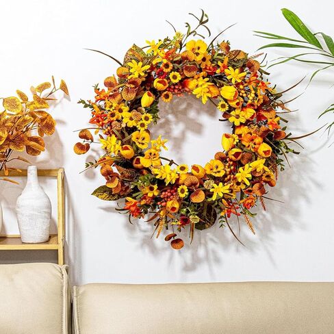 22 Inches Fall Wreaths for Front Door Rustic Autumn Wreath Farmhouse Fall Floral Wreaths with Tulips Orange Wildflowers for Wall Window Porch Indoor Outside in Kuwait