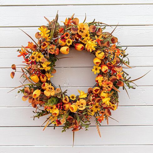 22 Inches Fall Wreaths for Front Door Rustic Autumn Wreath Farmhouse Fall Floral Wreaths with Tulips Orange Wildflowers for Wall Window Porch Indoor Outside in Kuwait