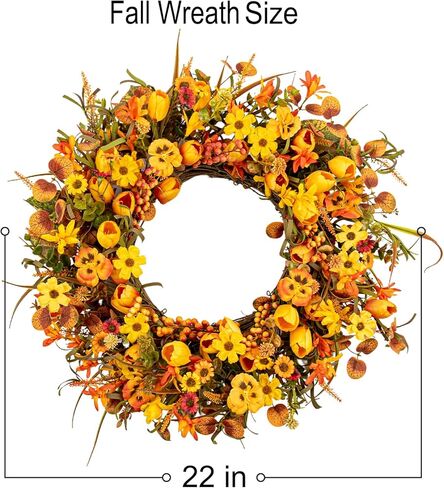 22 Inches Fall Wreaths for Front Door Rustic Autumn Wreath Farmhouse Fall Floral Wreaths with Tulips Orange Wildflowers for Wall Window Porch Indoor Outside in Kuwait