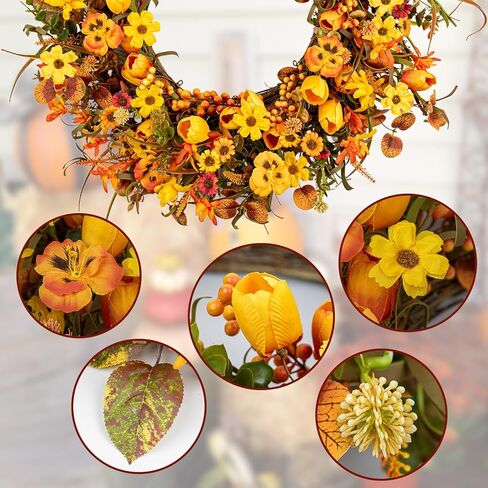22 Inches Fall Wreaths for Front Door Rustic Autumn Wreath Farmhouse Fall Floral Wreaths with Tulips Orange Wildflowers for Wall Window Porch Indoor Outside in Kuwait