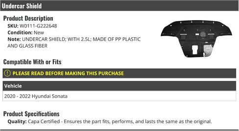 Lower Undercar Engine Cover Shield - Compatible with 2020-2022 Hyundai Sonata 2.5L in Saudi Arabia