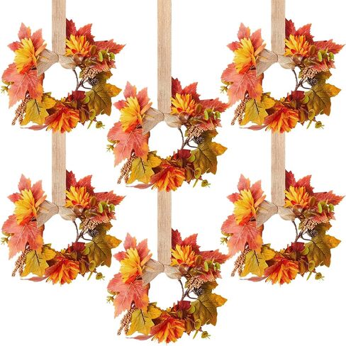 Hoteam 6 PCS Fall Mini Wreath عيد الشكر أكاليل خزانة المطبخ مع الشريط القوس القيقب الخريف الزائد المزرعة الصغيرة مزرعة الزخرفة إكليل لنافذة جدار الباب الأمامي (Dahlia) in Saudi Arabia