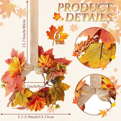 Hoteam 6 PCS Fall Mini Wreath عيد الشكر أكاليل خزانة المطبخ مع الشريط القوس القيقب الخريف الزائد المزرعة الصغيرة مزرعة الزخرفة إكليل لنافذة جدار الباب الأمامي (Dahlia) in Saudi Arabia